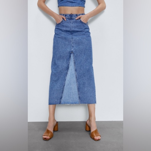 Zara Premium The 90's Denim Patchwork Midi Skirt S